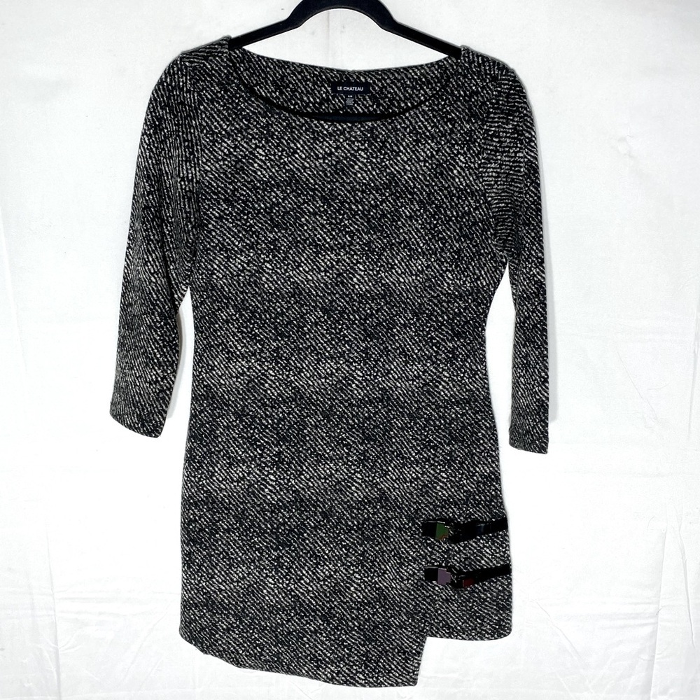 Le Chateau Black White Asymmetrical 3/4 Sleeve Boat Neck Mini Dress Tunic Top S